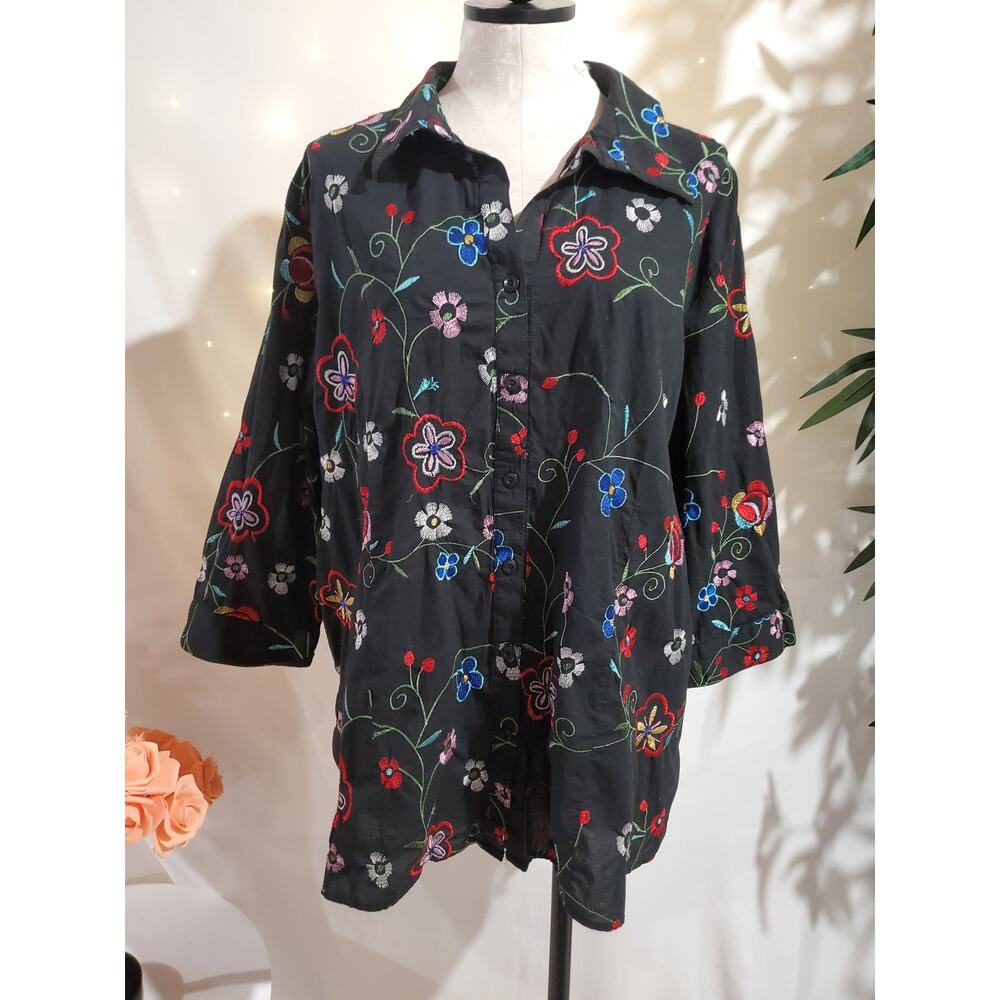 Vtg Fresh Produce Embroidered Floral Button Shirt Size 3X Semi Sheer 3/4 Sleeve